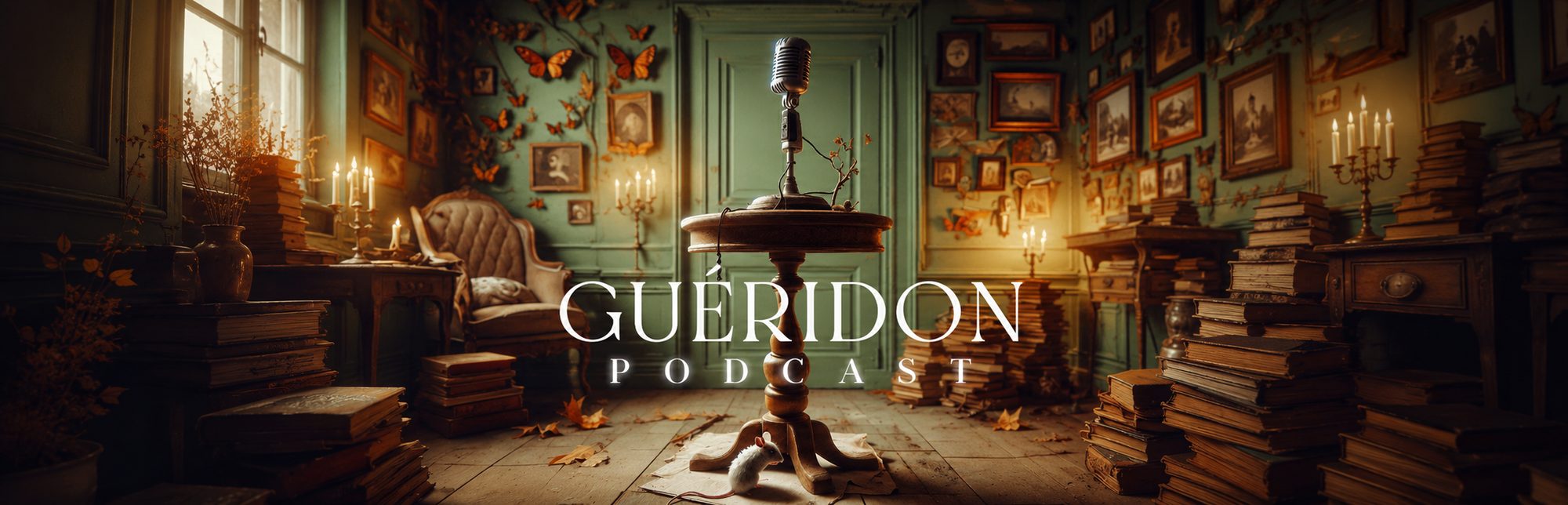 Guéridon Podcast — pièce feutrée avec micro vintage, bougies et piles de livres